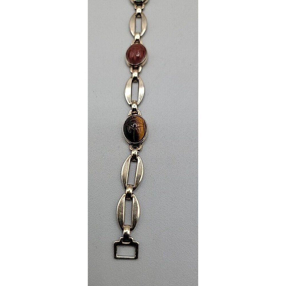 14k W. E. Richards Co. Symmetalic Sterling & Scarab Bracelet 6" Gemstones 1940s - Picture 10 of 15